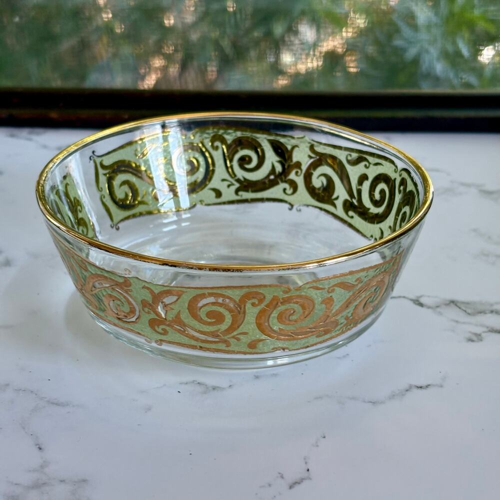 MCM Culver Glass Bowl 22K Gold Scroll Green Band Vintage Dish